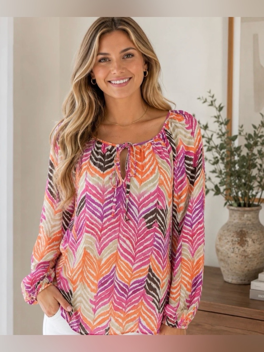 Trina Turk Silk Blouse Pink Orange Chevron Peasant Top Boho Long Sleeve PXS